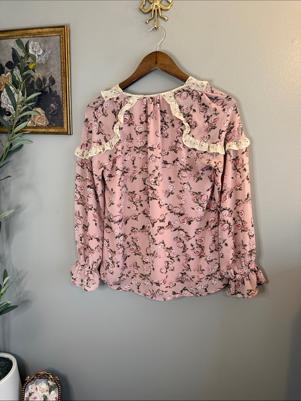 DR2 Pink Rose Floral Ruffle Blouse Small Cottagecore Romantic Boho - Picture 10 of 11